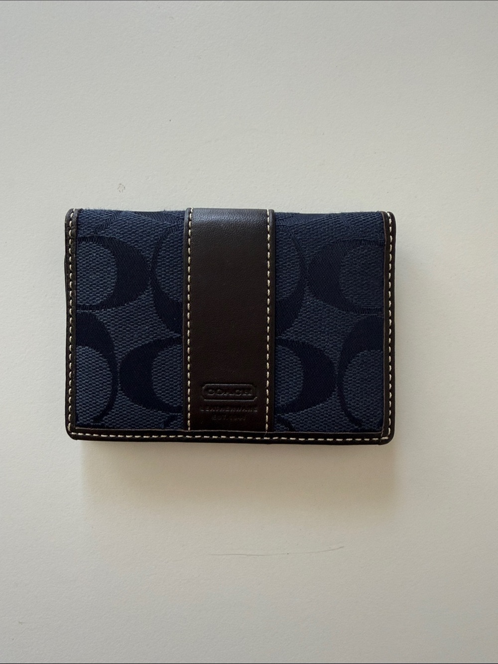 Coach women’s Navy Signature Canvas Card Case with Chocolate Trim